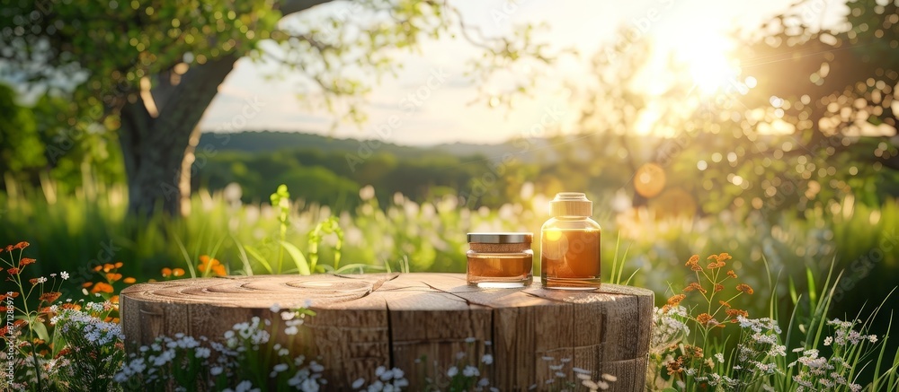 Rustic Wooden Podium Displaying Various Products on Farm Table Surrounded by Nature Background in Morning Light Rustic Wooden Podium Displaying Various Products on Farm Table Surrounded by Nature Background in Morning Light