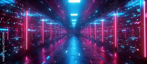 Futuristic Data Processing: Server Racks in Illuminated Computer Room
