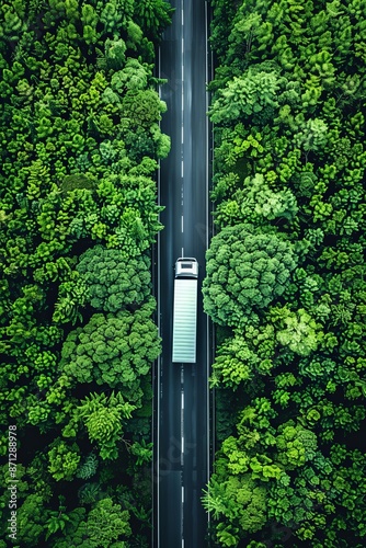 Eco-Friendly Transport Solutions: Hydrogen Energy Truck and Electric Vehicle in Lush Forest Drone View photo