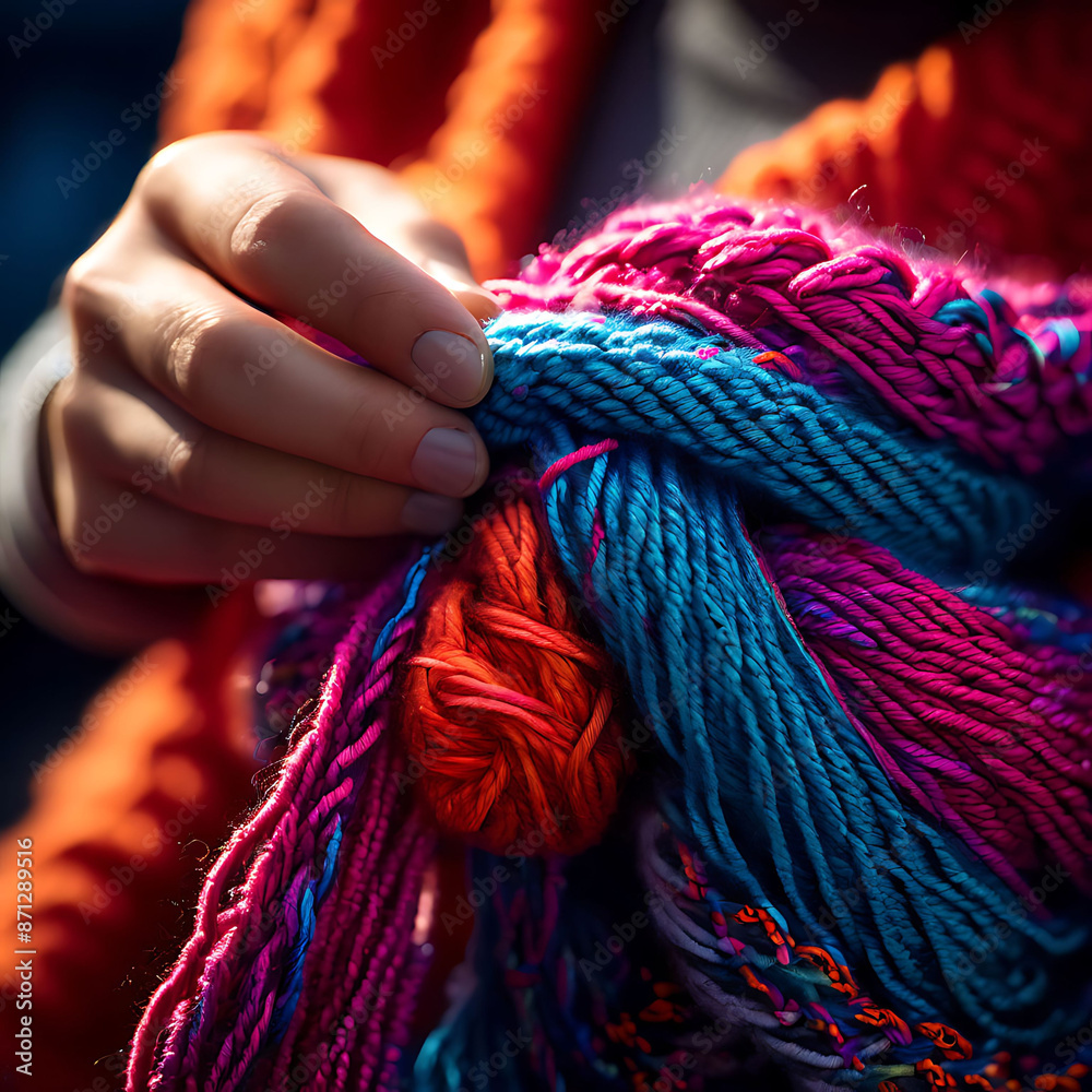 Close-Up of Hand Knitting a Scarf with Focus on Yarn Texture and Needle Movement Close-Up of Hand Knitting a Scarf with Focus on Yarn Texture and Needle Movement