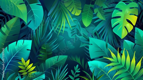 Vibrant tropical leaves background illustration with lush green foliage, perfect for nature themes or exotic decor.