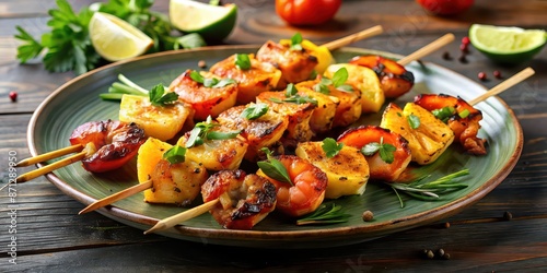 Barbecued shrimp and pineapple kebabs on skewers, barbecue, grilling, seafood, shrimp, pineapple, skewers, kebabs © Sujid