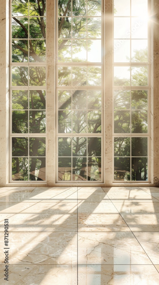 Sunlit room with large windows and green trees outside, peaceful interior design concept Sunlit room with large windows and green trees outside, peaceful interior design concept