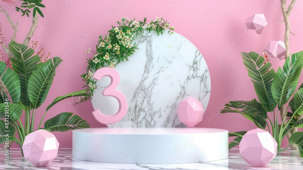 3d elegant marble stone podium with 3 % sign and pink geometric figures and plants around. Generative AI 3d elegant marble stone podium with 3 % sign and pink geometric figures and plants around. Generative AI