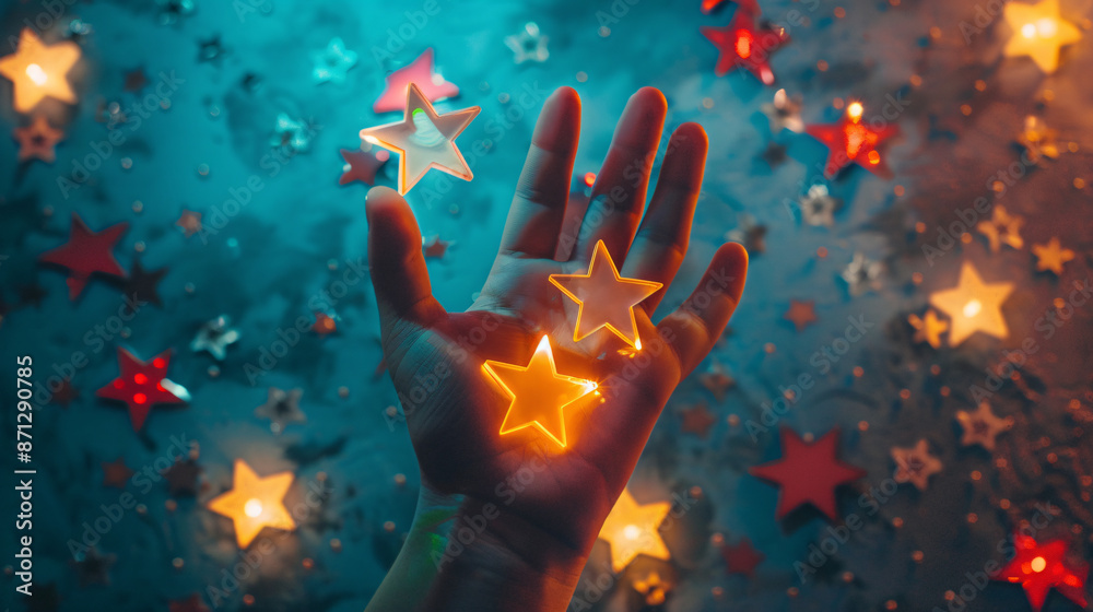 Hand holding five stars against starry sky backdrop Hand holding five stars against starry sky backdrop