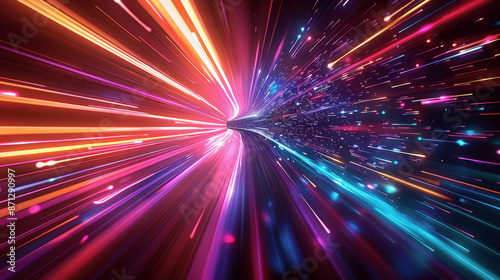 High-Speed Colorful Light Trails and Motion Blur Futuristic Sci-Fi Abstract Vector Illustration with Glowing Lines