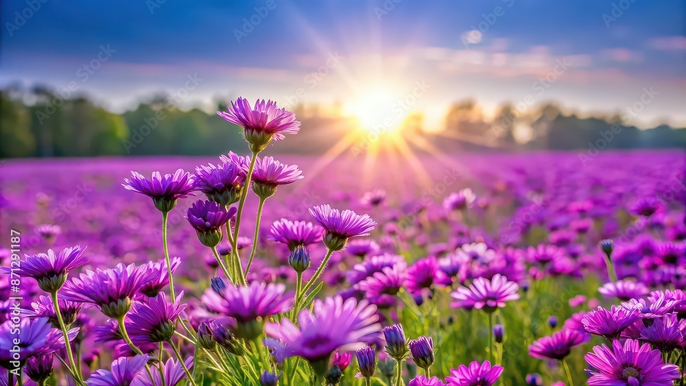 Naklejka premium Field of vibrant purple flowers blooming under the sun, Nature, outdoors, purple, flowers, field, meadow, spring, fresh, sun