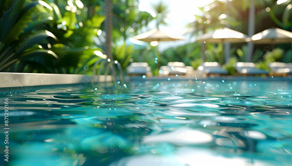 Luxurious resort swimming pool with clear blue water, surrounded by palm trees and sun loungers for a relaxing vacation experience. Luxurious resort swimming pool with clear blue water, surrounded by palm trees and sun loungers for a relaxing vacation experience.