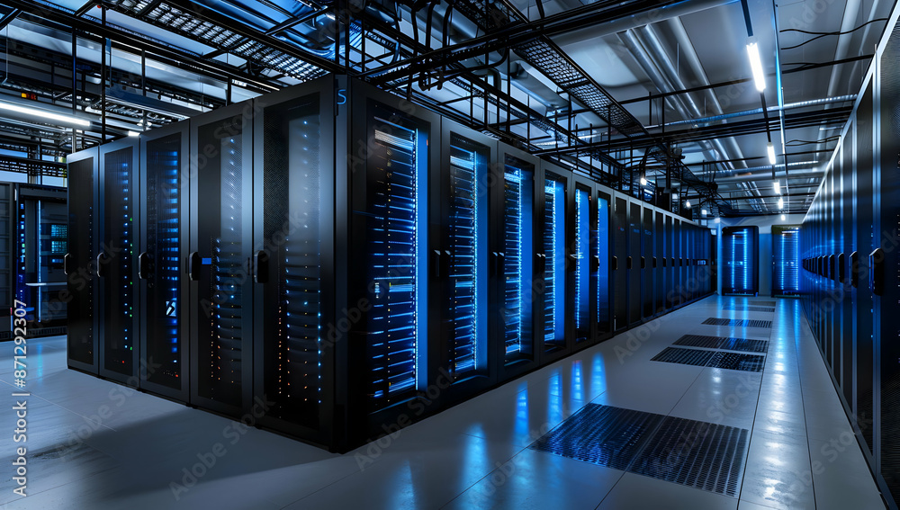 Modern data center interior with rows of server racks and advanced computing equipment illuminated by blue light.