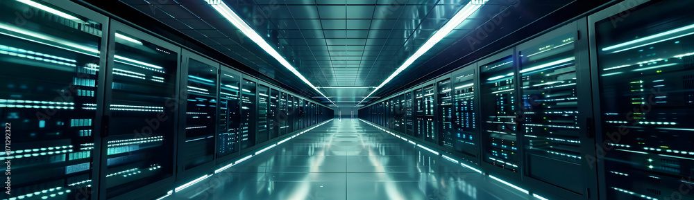 Modern data center with rows of server racks and advanced technology, showcasing powerful computing infrastructure and network capabilities. Modern data center with rows of server racks and advanced technology, showcasing powerful computing infrastructure and network capabilities.