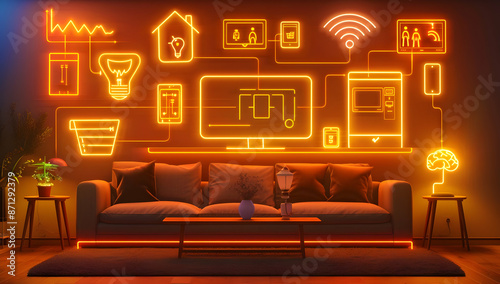 Modern living room with smart home technology icons on wall, warm lighting, cozy atmosphere, and connected devices. © sornram