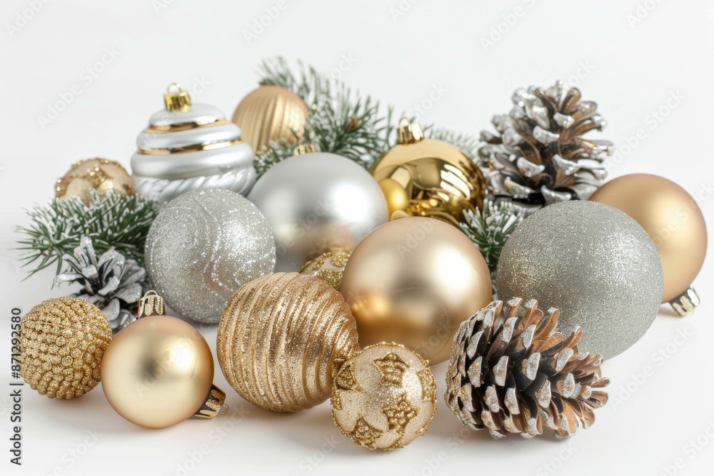 Silver and gold Christmas ornaments with pine cones. Silver and gold Christmas ornaments with pine cones.