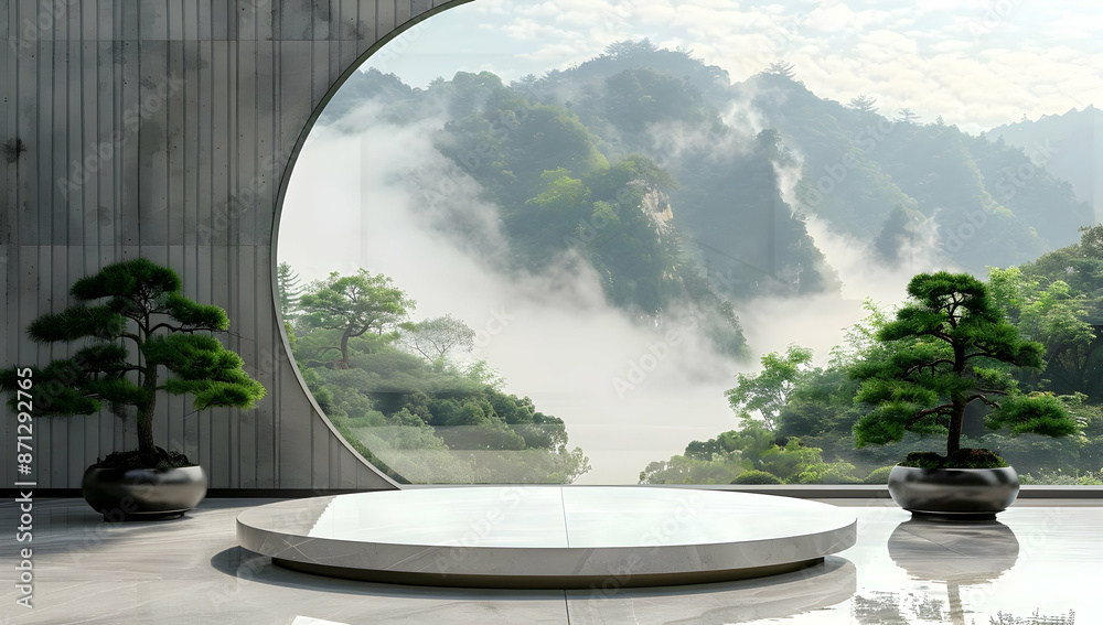 Serene minimalist interior with large circular window overlooking lush green mountains and misty clouds, featuring two bonsai trees. Serene minimalist interior with large circular window overlooking lush green mountains and misty clouds, featuring two bonsai trees.