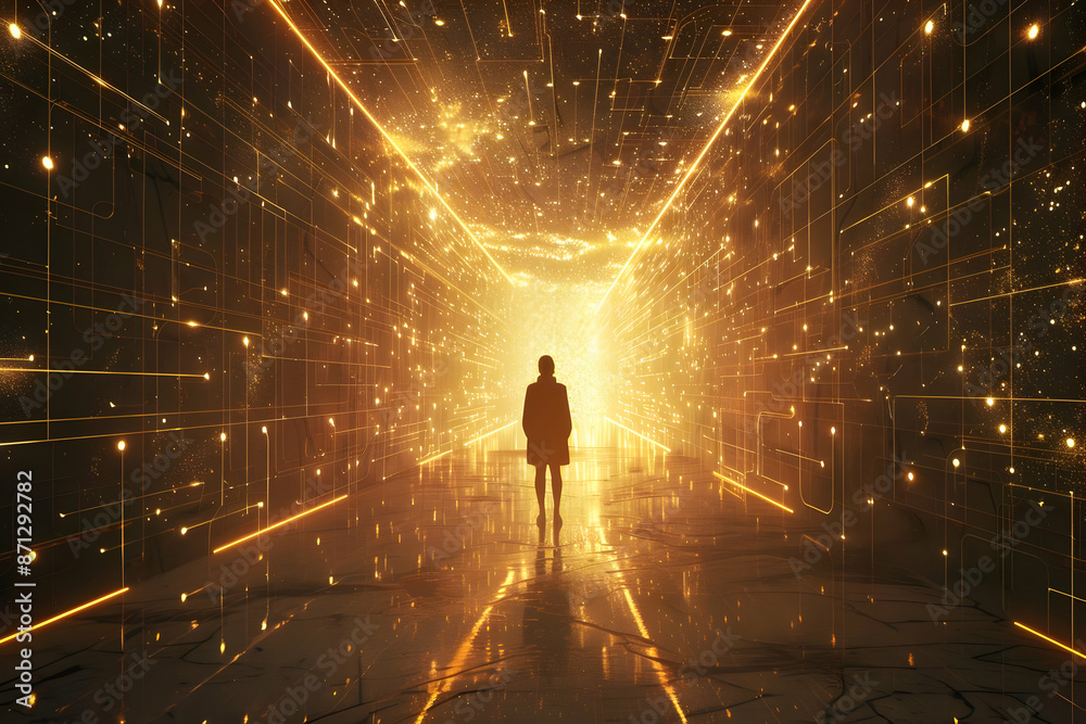 Silhouette of a person walking through a glowing tunnel with futuristic lights, evoking a sense of mystery and science fiction. Silhouette of a person walking through a glowing tunnel with futuristic lights, evoking a sense of mystery and science fiction.