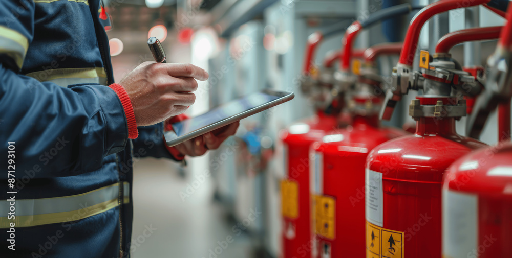 Engineer Inspecting Fire Extinguishers in Fire Control Room for Safety Training and Fire Prevention Engineer Inspecting Fire Extinguishers in Fire Control Room for Safety Training and Fire Prevention