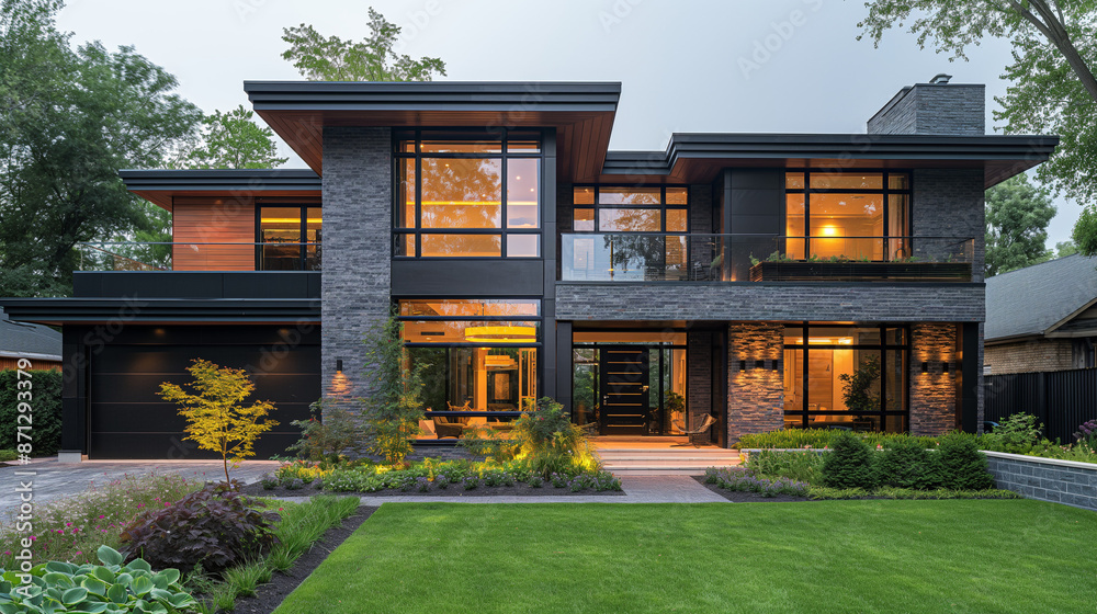 A modernist minimalist black and white two story house with an exterior wall of dark grey wood planks, flanked by tall vertical walls made from red brick. The front yard has a small garden and a short A modernist minimalist black and white two story house with an exterior wall of dark grey wood planks, flanked by tall vertical walls made from red brick. The front yard has a small garden and a short