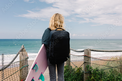 A female surfer checking the waves at Zarauz beach photo