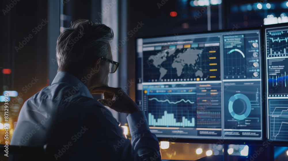 A professional, immersed in data analysis, studies multiple high-tech screens displaying global charts, graphs, and maps in an illuminated office at night. A professional, immersed in data analysis, studies multiple high-tech screens displaying global charts, graphs, and maps in an illuminated office at night.