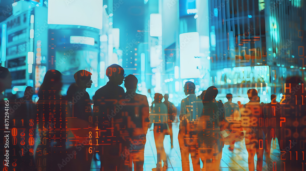 Obraz premium Crowd of businesspeople standing on blurry city wallpaper with forex chart. Trade and finance concept. Double exposure.