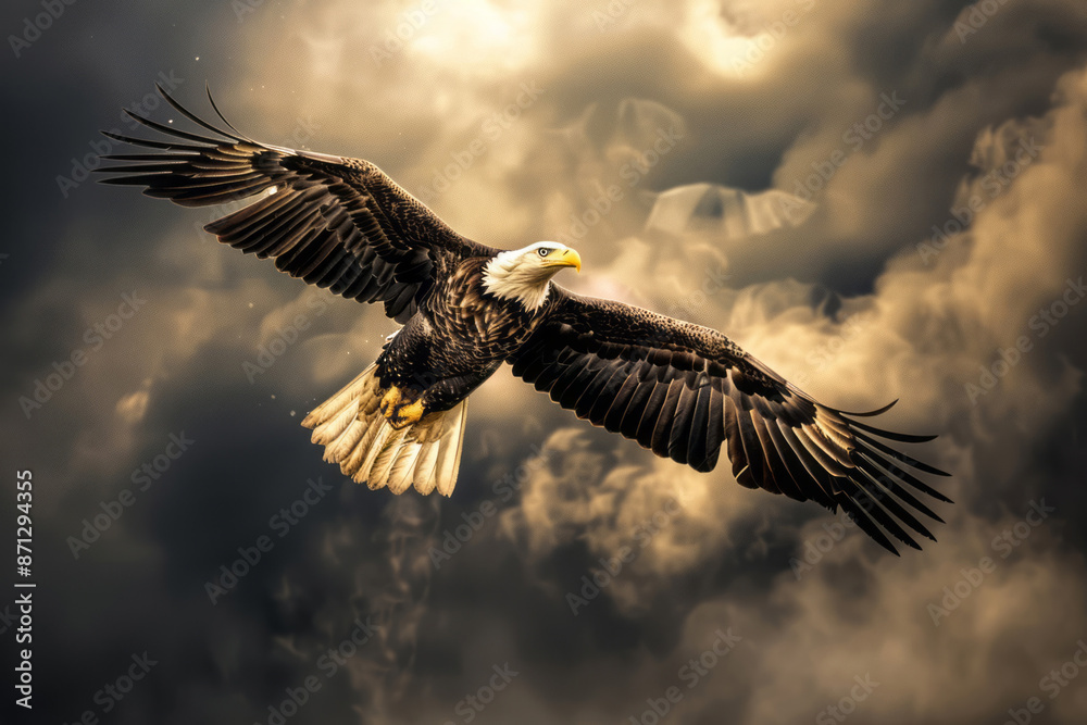 Fototapeta premium An eagle soaring in the sky with its wings spread wide and an American flag behind it, with clouds and mist in the background.