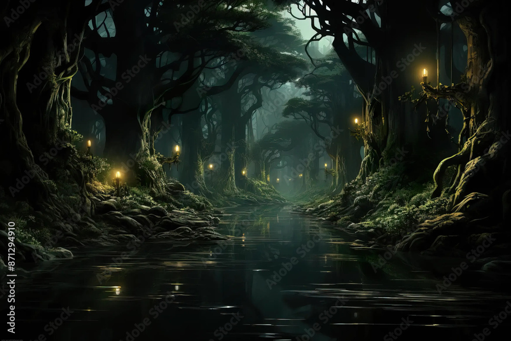 Mangrove spirits dance through the enchanted estuary's fog. Fantasy wallpaper Mangrove spirits dance through the enchanted estuary's fog. Fantasy wallpaper