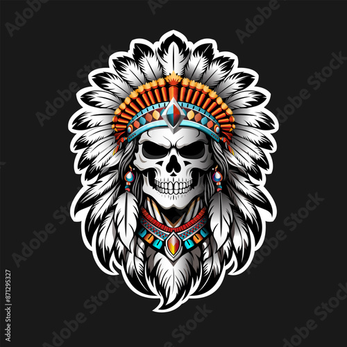 Illustration of Mystic Skull With Indian Tribal Headdress