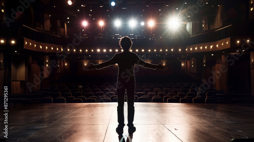 A lone performer stands on a grand, dimly lit stage, arms outstretched, facing the empty audience seating bathed in the glow of overhead spotlights.