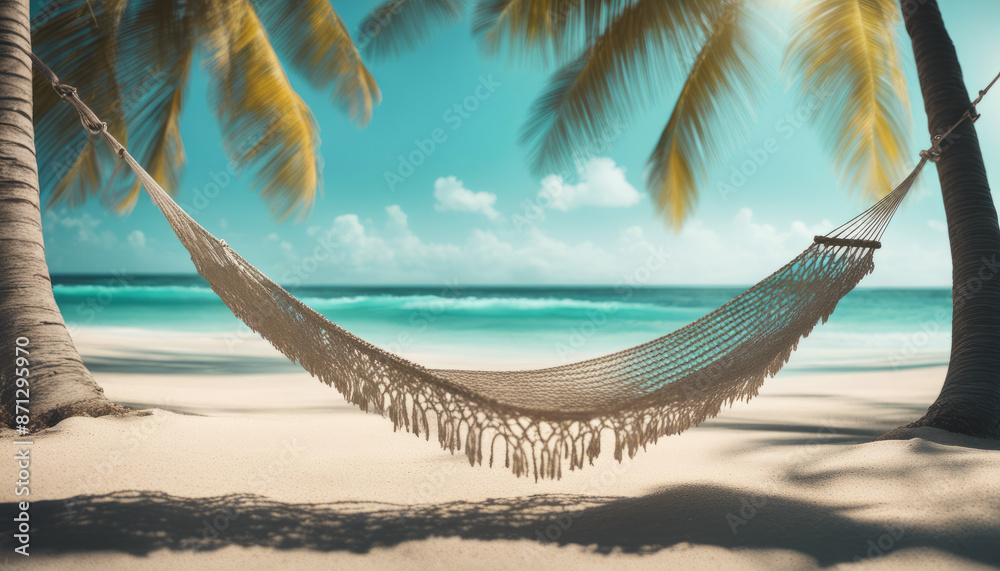 Fototapeta premium Low-angle shot of a hammock swaying gently between two palm trees on a tropical beach, overlooking the turquoise ocean.