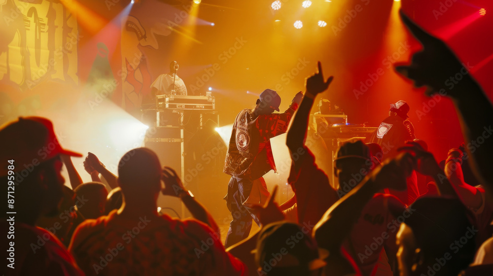 A rapper energizes the concert crowd under vibrant stage lights ...