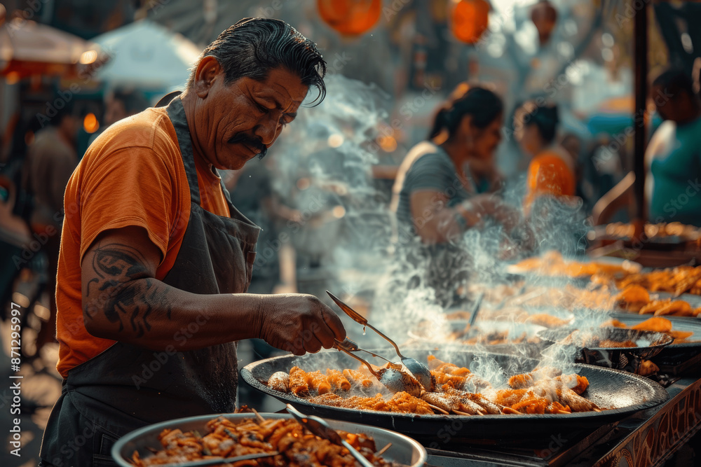 Mexican street vendor cooking tacos al pastor with busy crowd and vibrant urban scene showcasing traditional culinary heritage in Mexico City Mexican street vendor cooking tacos al pastor with busy crowd and vibrant urban scene showcasing traditional culinary heritage in Mexico City