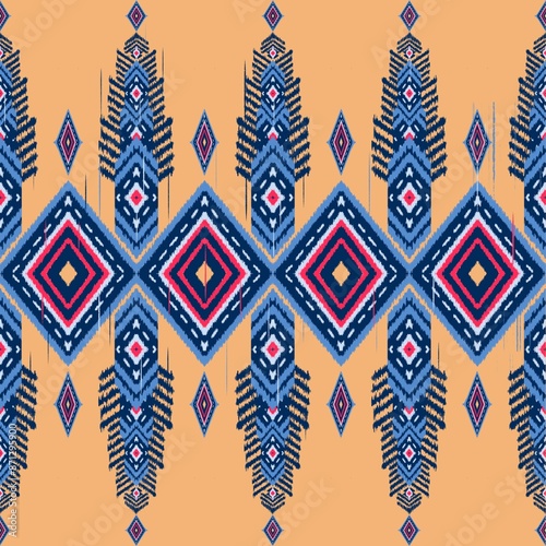 Local fabric pattern, blue red and pink tone, cream background.