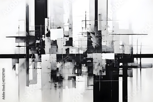 Abstract painting with black and white lines, creating a dynamic and modern composition.