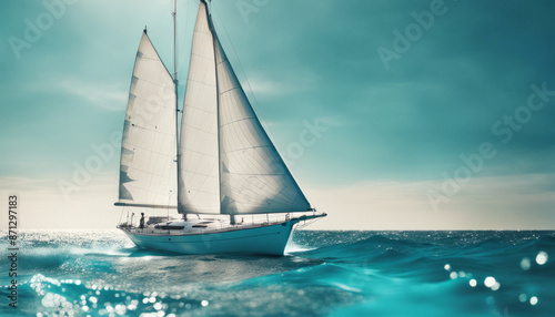 Low-angle shot of a majestic sailboat with white sails billowing in the wind, cruising across a calm turquoise sea.