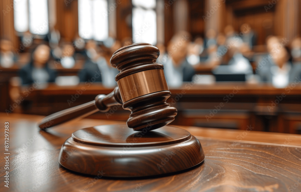 Judge gavel on table in courtroom background people blurred law trial justice magistrate supreme court civil case hearing Judge gavel on table in courtroom background people blurred law trial justice magistrate supreme court civil case hearing