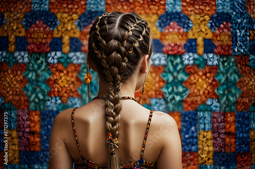 The braided hair of a modern girl cascades down her back