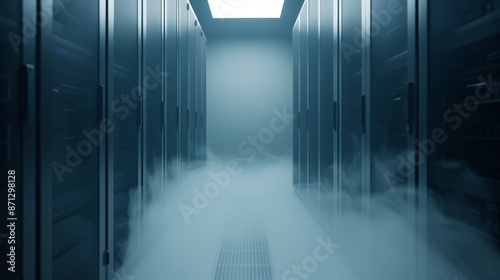 Data boxes neatly arranged in a server system, clear room, smoky background creating depth and intrigue, high-tech and modern photo