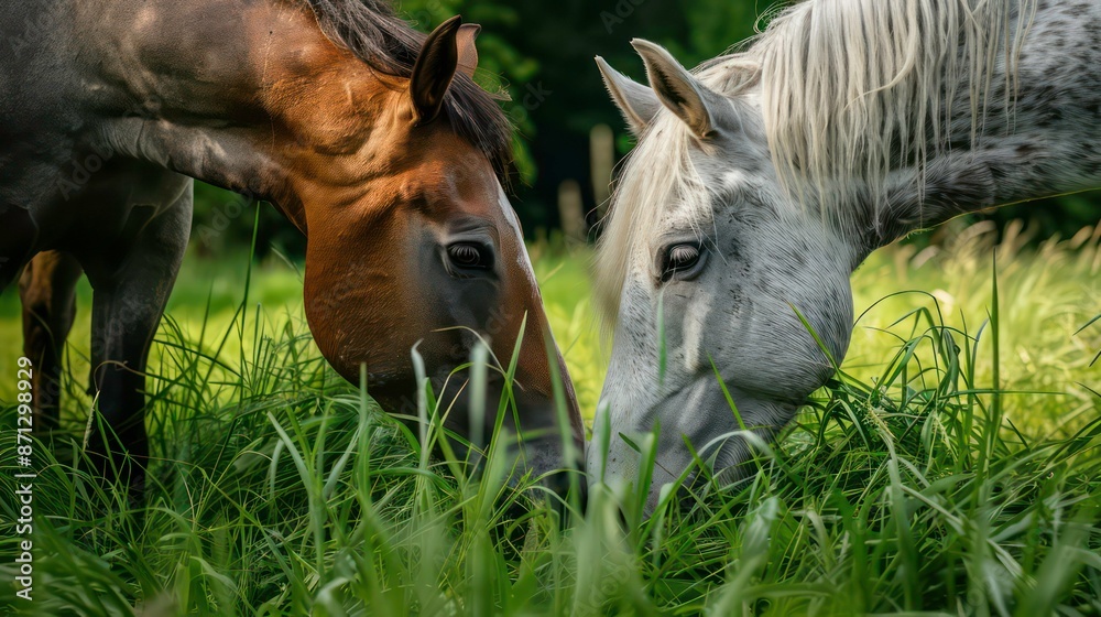 Naklejka premium Feeding farm horses fresh grass. Generative AI