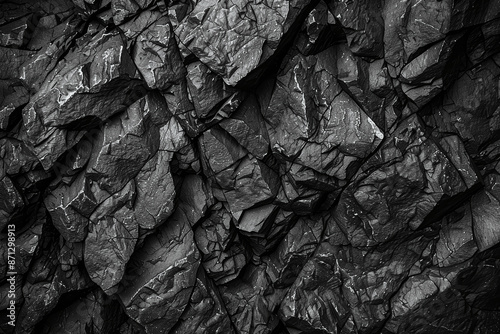 Black and White Rock Texture Dark Grunge Stone Background Cracked Mountain Surface Close-Up Granular Design © btiger