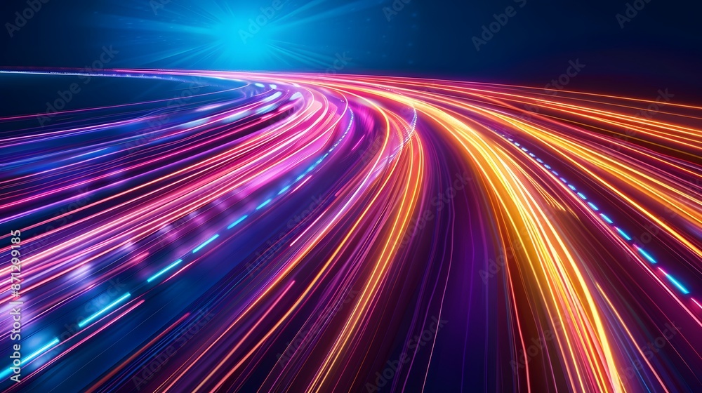 Neon road. Vector illustration of a road in a big city. Neon road background.