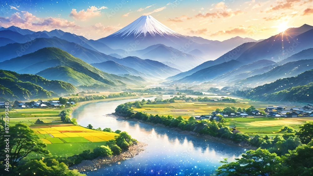 Fototapeta premium 富士山と日本の田舎の風景