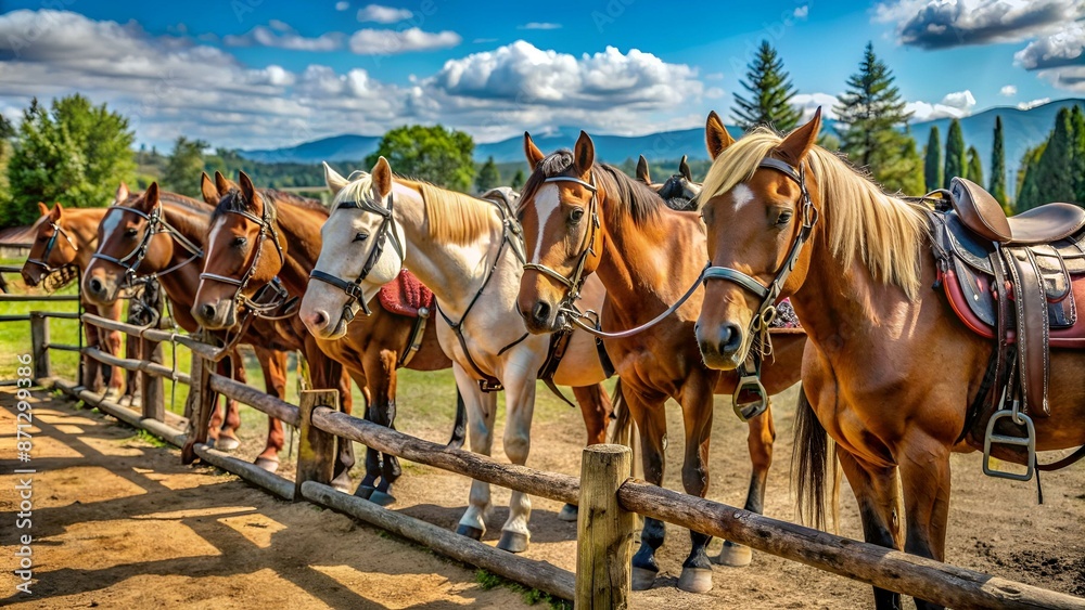 saddled horses on the farm before the ride saddled horses on the farm before the ride