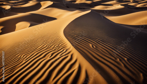 Windswept sand dunes sculpted by the desert breeze, their undulating curves casting long shadows in the golden light of dawn.