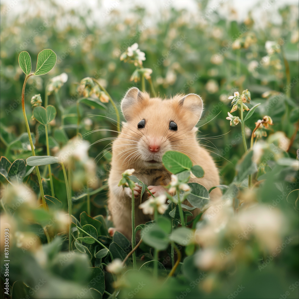 Adorable Hamster in Green Meadow with Blooming Flowers Adorable Hamster in Green Meadow with Blooming Flowers