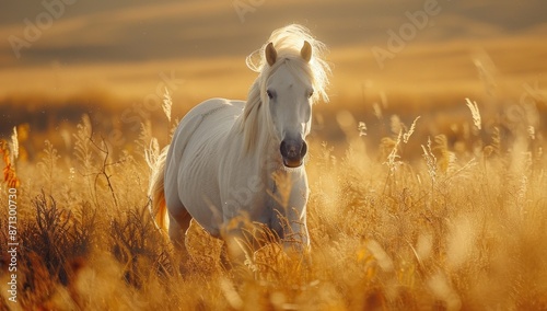 White Horse in Golden Grass at Sunset