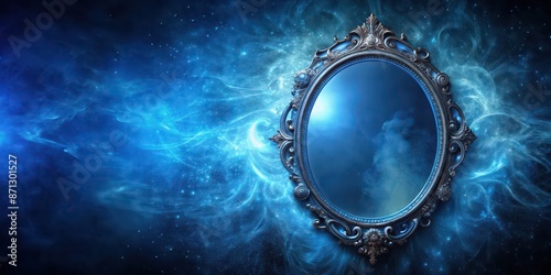 Ancient magic mirror with a mystical dark blue aura, ancient, magic, mirror, mystical, dark blue, aura, fantasy photo