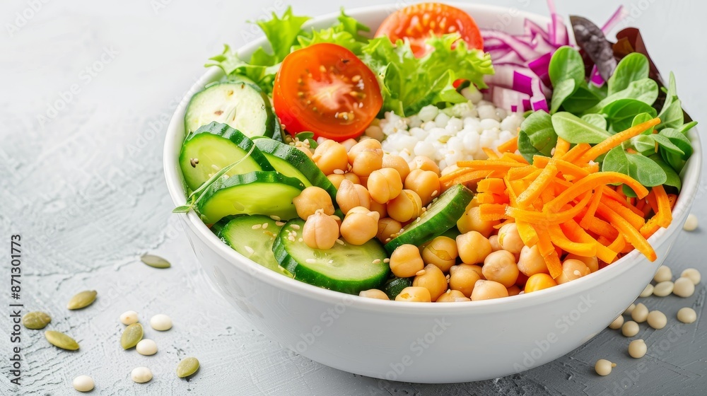 Vegan healthy salad bowl with chickpeas, vibrant vegetables, seeds, plant-based ingredients, isolated background, studio lighting, perfect for advertising Vegan healthy salad bowl with chickpeas, vibrant vegetables, seeds, plant-based ingredients, isolated background, studio lighting, perfect for advertising