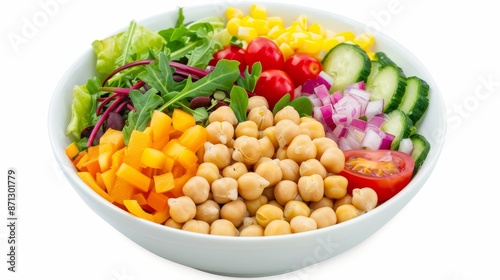 Vegan salad bowl featuring chickpeas, colorful vegetables, seeds, healthy and appetizing, isolated background, studio lighting, great for advertising