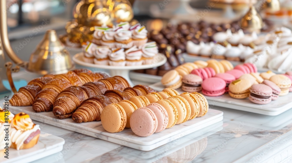 Naklejka premium Classic French patisserie display with croissants, macarons