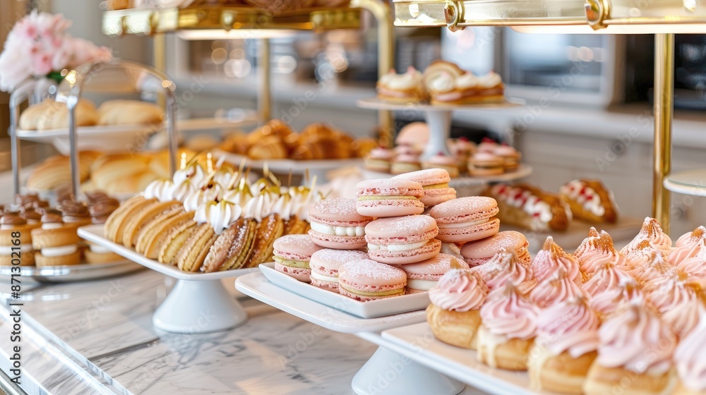 Classic French patisserie display with croissants, macarons Classic French patisserie display with croissants, macarons