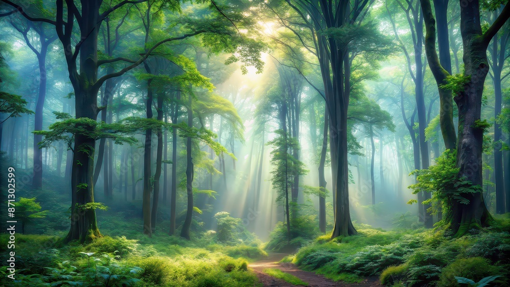 Fototapeta premium Mystical mist-enveloped forest with towering trees and verdant foliage, crafting an ethereal ambiance, mystical, mist